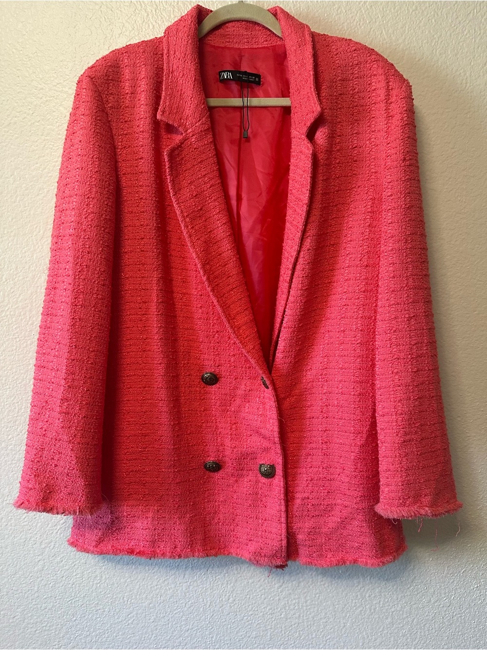 ZARA Coral Pink Textured Bouclé Double-Breasted Blazer